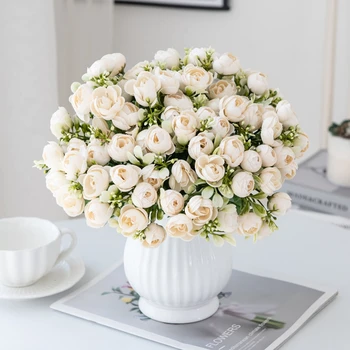 5 forchette 15 teste di rosa di seta piccolo bocciolo di tè fiori artificiali per la decorazione del festival di nozze vaso di fiori ornamentale per la casa fotografia Prop 1