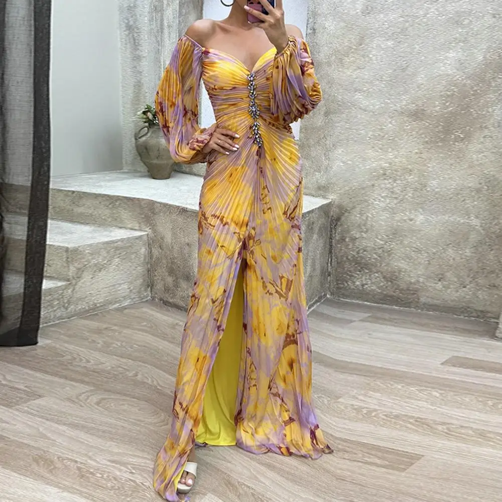 

Women Floral Dress Elegant Rhinestone Off Shoulder Evening Dress with Lantern Sleeves High Waist for Prom Banquet or Party