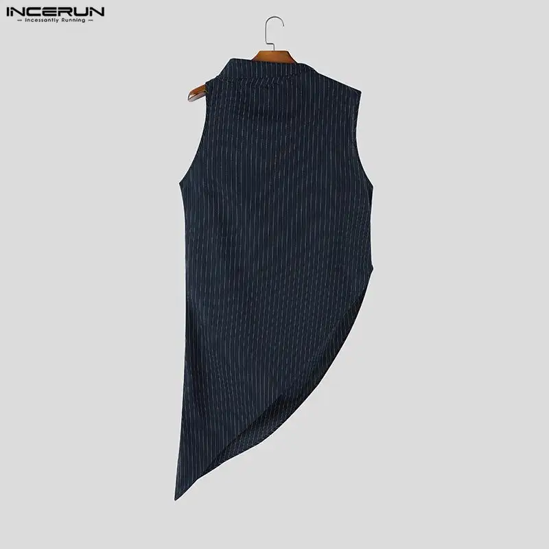 INCERUN Men's Irregular Tank Tops Striped Turtleneck Sleeveless Pleated Male Vests Streetwear Tops For Man Fashion Men Clothes - Image 4