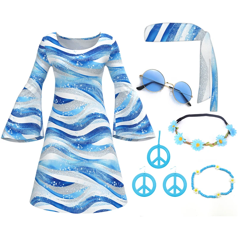 שמלת דיסקו משנות ה-60 וה-70 בעלת 7 חלקים, תחפושת היפי לנשים בסגנון רטרו עם הדפסים, אביזרי בגדים ותכשיטים לחג ההלווין