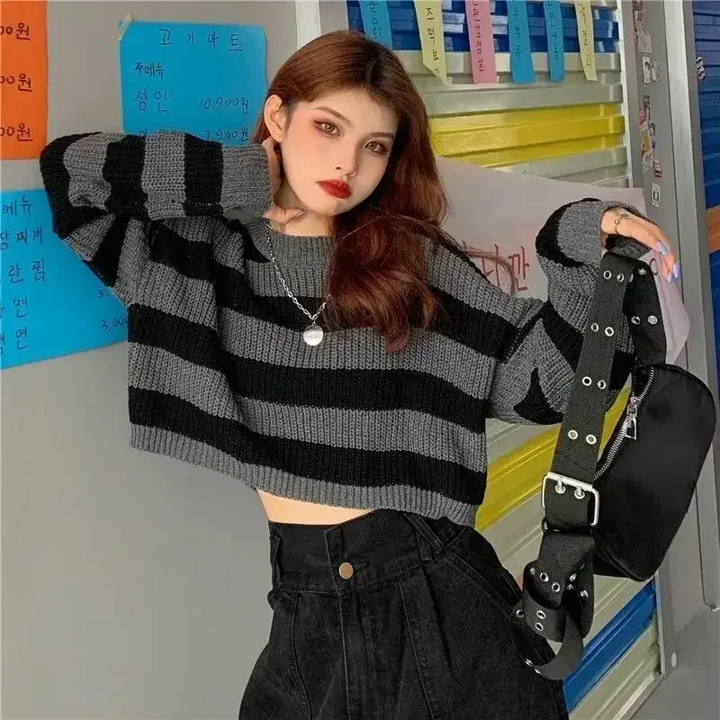

Deeptown Korean Style Striped Cropped Sweater Women Vintage Oversize Knit Jumper Female Autumn Long Sleeve O-neck Pullovers Tops