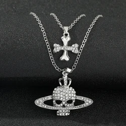 Rhinestone Skull Pendant Long Cross Chain Necklace - Vintage Punk Goth Style Jewelry Accessory (Silver Plated)