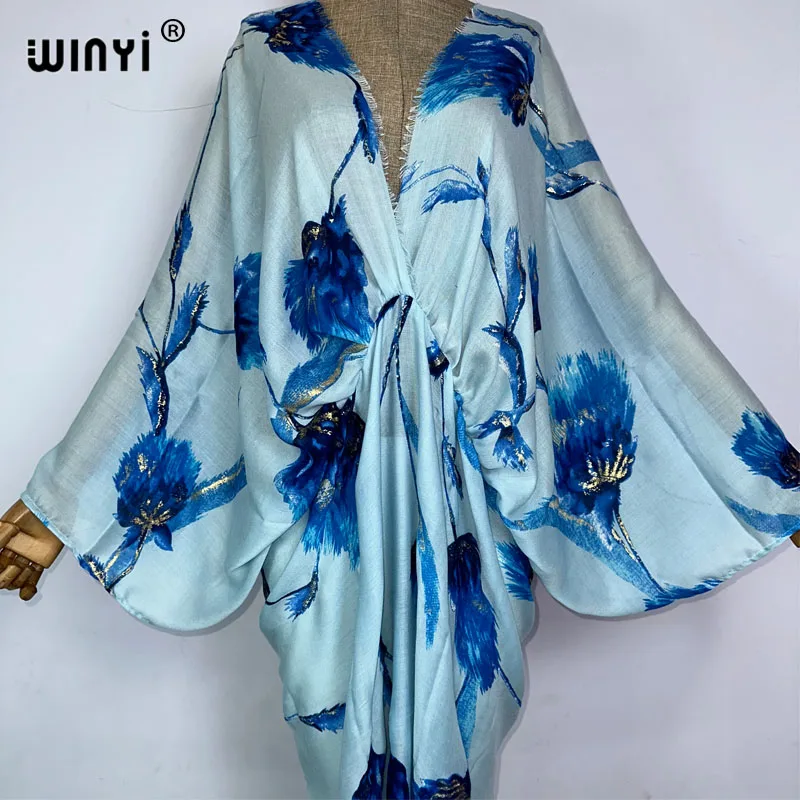 WINYI new summer High fork sexy gild print dress Women kaftan Bohemia long Sleeve kaftan Ladies Fashion beach Cover Up vestidos