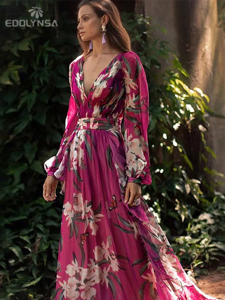 Purple Print Print Bikini Cover-ups Sexy Cross Open Back Long Sleeve Summer Dress Women Beach Wear Swim Suit Cover Up A914