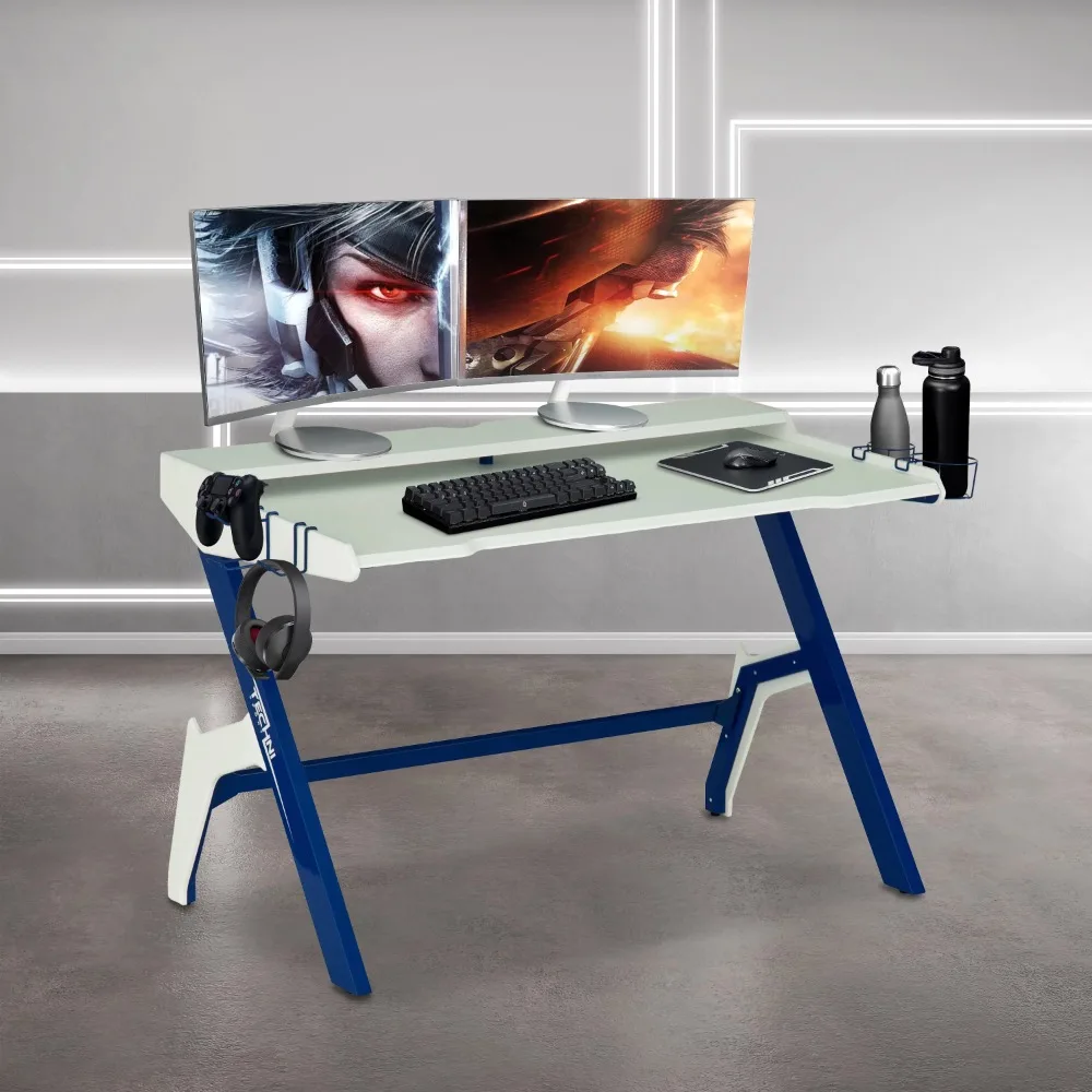 

Ergonomic Computer Gaming Desk Workstation with Cupholder & Headphone Hook, Blue