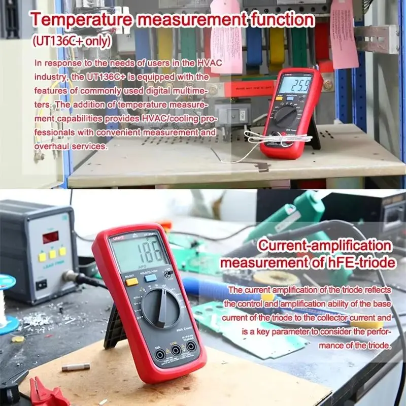 UNI T UT136B+/C+ 디지털 멀티미터 1000V 10A AC DC True RMS 자동 범위 지정 기능(과부하 경보 포함) 빠른 샘플링 및 LED 손전등