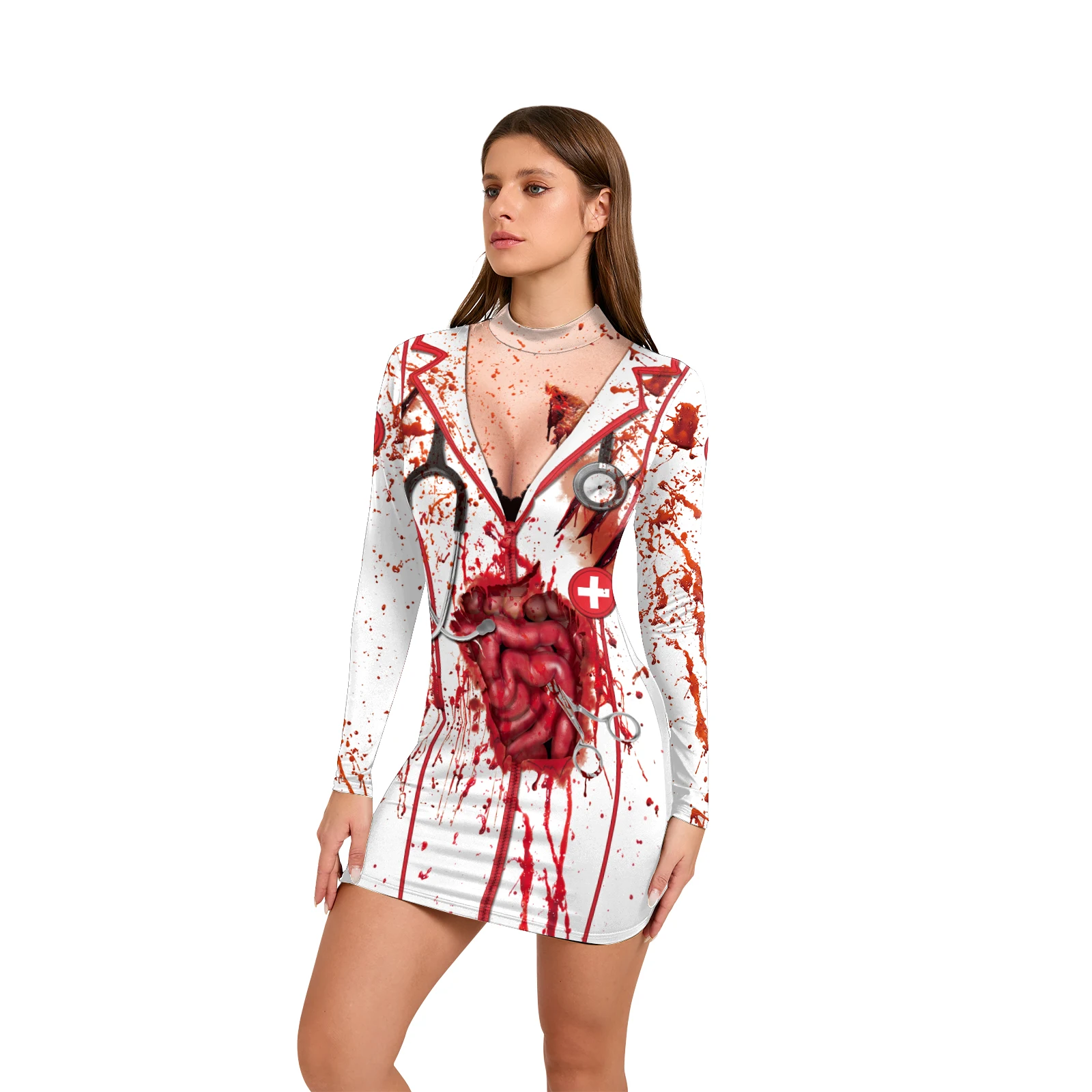 Nurse Halloween Costume For Women 3D Printed Skeleton Uniform Carnival Sexy Cosplay Outfit Fancy Dresses Party Long Sleeves