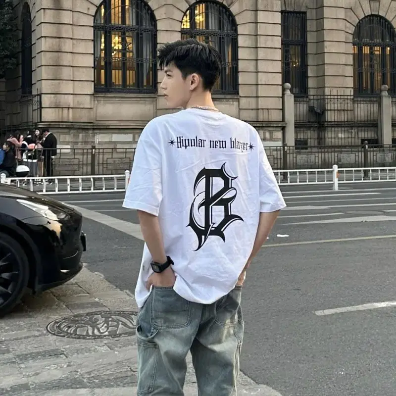 

American street personality trend men and women retro letter print round neck short sleeved couple hip-hop casual T-shirt top