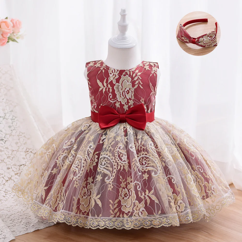 

Luxury Party Dress for Kids Girls Children Sleeveless Lace Printed Ball Gown with Bow Babies Elegant 1st Birthday Party Dresses