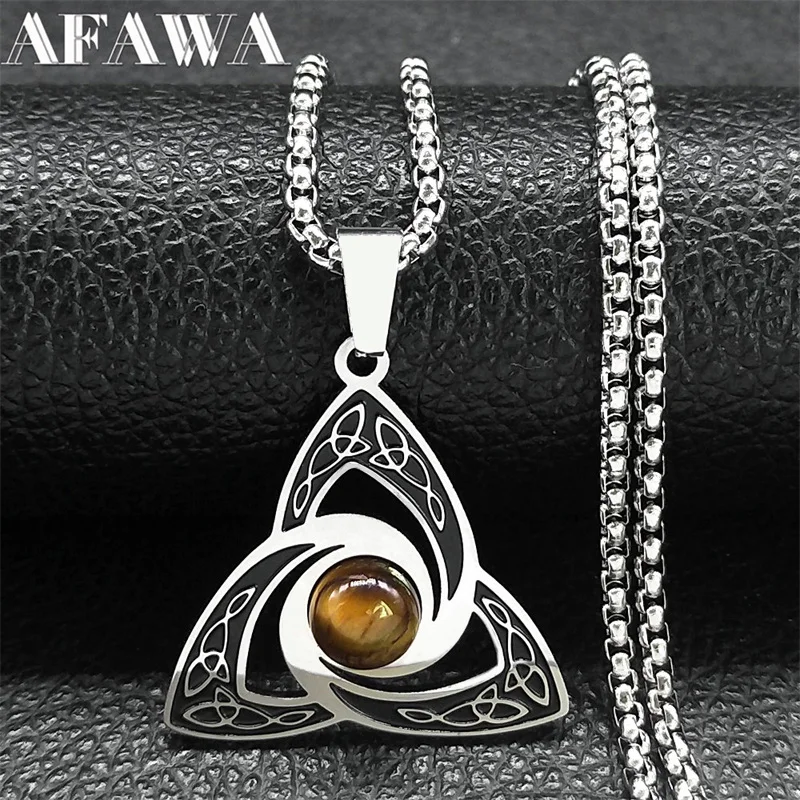 Viking Trinity Knot Necklace for Women Men Stainless Steel Tiger Eye Witch Irish Celtic Lucky Amulet Chain Jewelry N3806S02