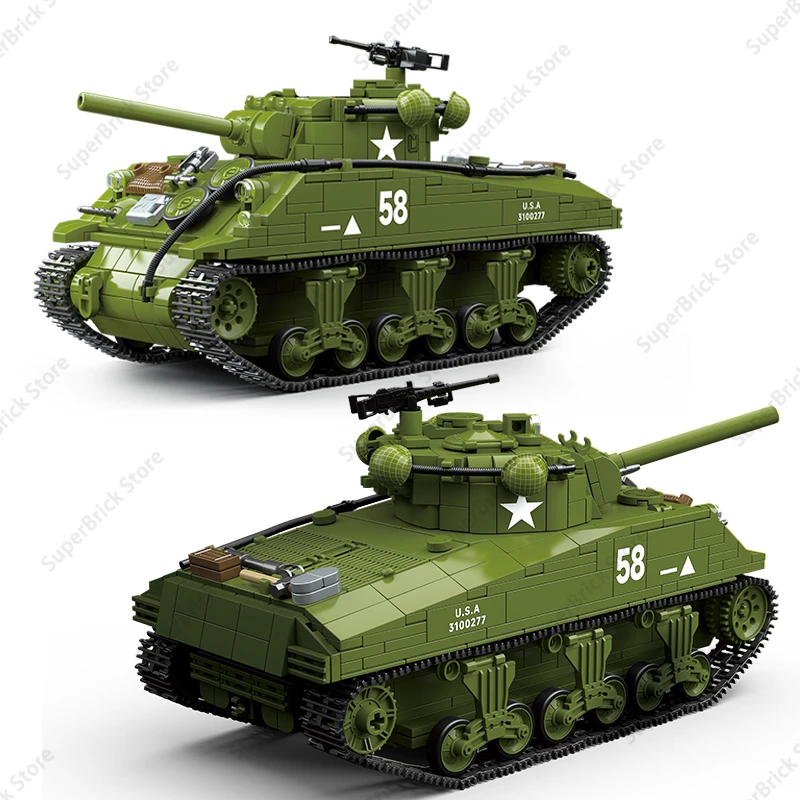 WW2 Middle To Late Stage M4A3 Sherman TANK (105) mm Military Building Blocks Toys Model Soldier Weapon Figures Set Kids Gifts