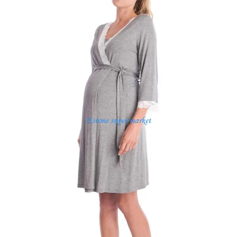 090B 임신 한 여성을위한 잠옷 간호 잠옷 조절 가능한 벨트가있는 면화 출산 가운 잠옷 복장 임신 옷