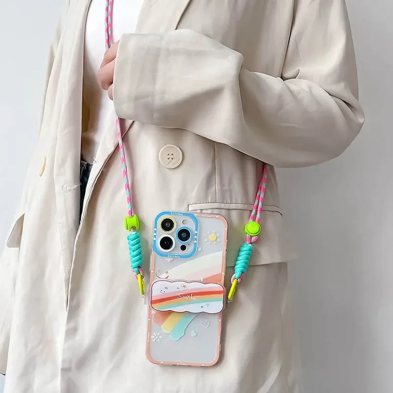 Cute Flower Love Heart Crossbody Phone Case with Back Clip Lanyard and Chain Strap