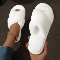 Women’s Cross Band Fur Slippers Indoor Furry Fuzzy Open Toe Shoes Home Cozy Warm Slides Double Straps Slipper Soft Sole Non Slip - Image 4