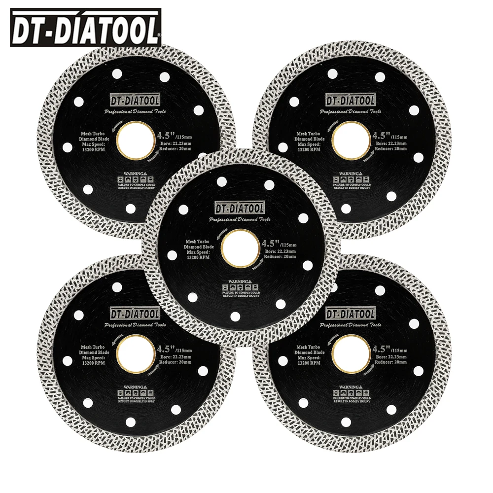 DT-DIATOOL Sägeblatt 115 mm 5 Stück Fliesentrennscheibe mit Mesh Turbo für Porzellanfliesen Marmor Keramik Granit Schneidwerkzeug