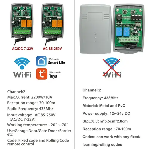 SCS SENTINEL Controller Tuya WiFi Smart Life Garage Door Receiver 7-32V 85-250V 2CH 433MHz Remote Control Gate Opener Universal - Image 6