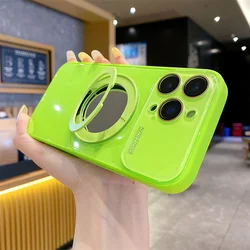 Rotating Magnetic Makeup Mirror Stand Phone Case with Lens Protection and Tempered Glass Back Cover - iPhone 12 Pro Max (Fluorescent Green)