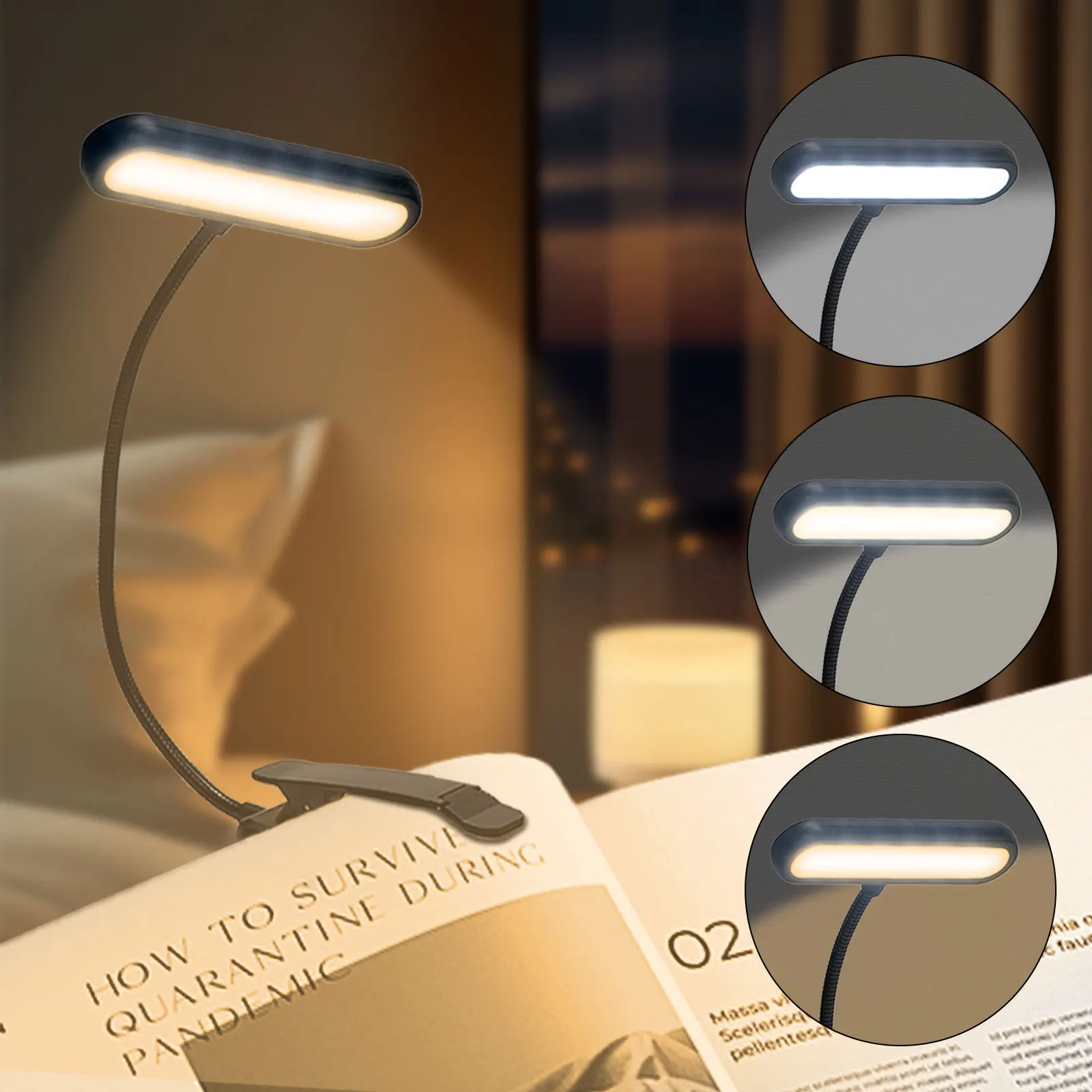 

LQWELL®Лампа для чтения с зажимом в кровати, USB аккумуляторная лампа для чтения с 3 цветными температурами, 10 уровнями яркости