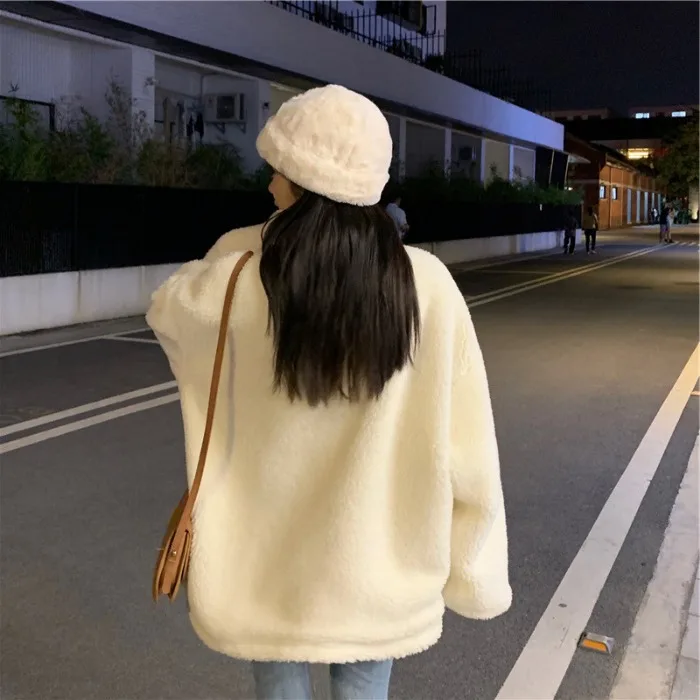 Pure Color Wool Coat Woman Made of Lambswool Winter Stand-up Collar Loose Warm Casual Jacket Retro Thick Harajuku Ladies Jacket