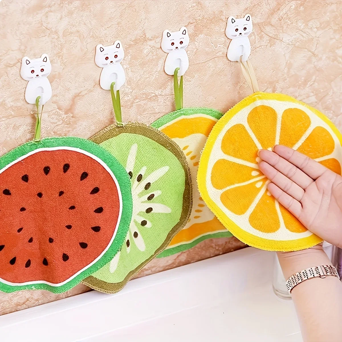 4/8/12pcs-Fruit patterned hand towel, bathroom absorbent soft towel with hanging ring, bathroom supplies