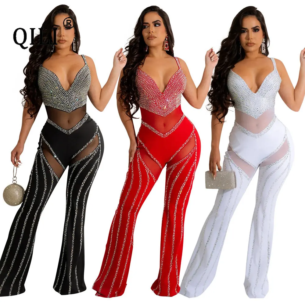 Women's Deep V Suspender Jumpsuit, Loose, Wide Leg, Black, Red, White, Diamonds, Sexy, Perspective