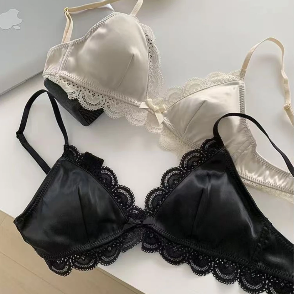 Fashion Triangle Cup Bow Lace Bra for Women Small Chest Satin Underwear Sweet Girl Breathable Comfortable Soft Bra 3