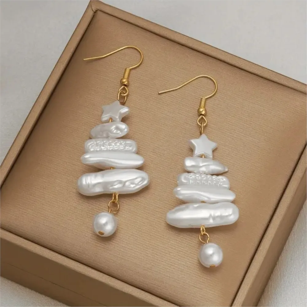 Christmas Tree Star Earrings for Women Statement Faux Baroque Pearl Dangle Earring Christmas Jewelry Gifts Accessories