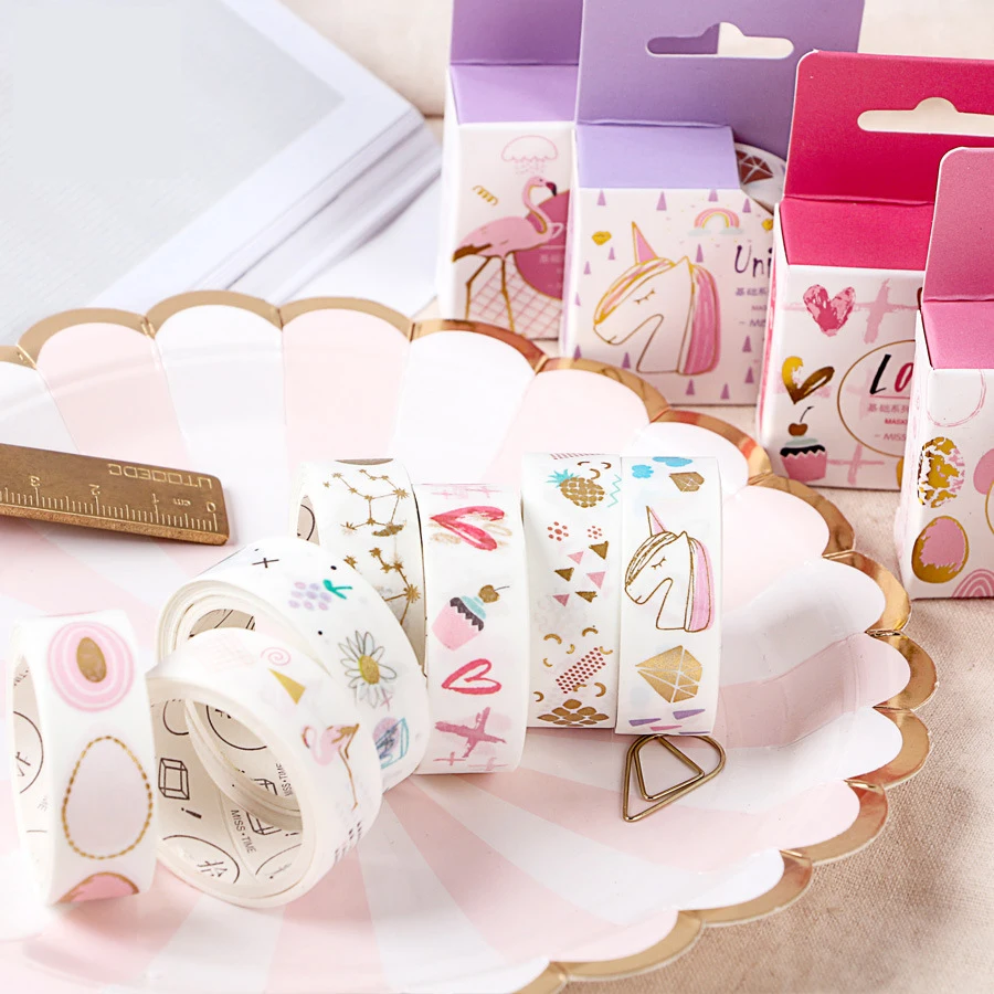 1.5cm*5m Basic Series Gold Foiled Flamingo Unicorn Washi Masking Tape Stick Label Notebook Album Decoration