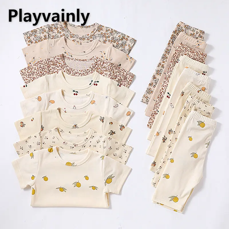 New Summer Clothes Boy Girl Pajamas Cute Print O-neck Short Sleeve T-shirt+Knee Length Pants Newborn Home Wear Nightgown E23072