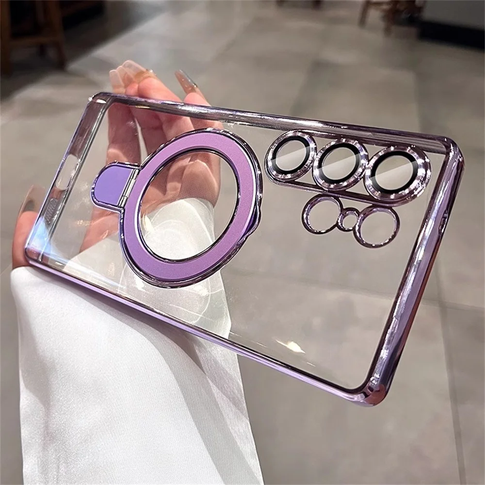 Luxury Plating Shockproof Magnetic Bracket Clear Case with Holder Stand Cover