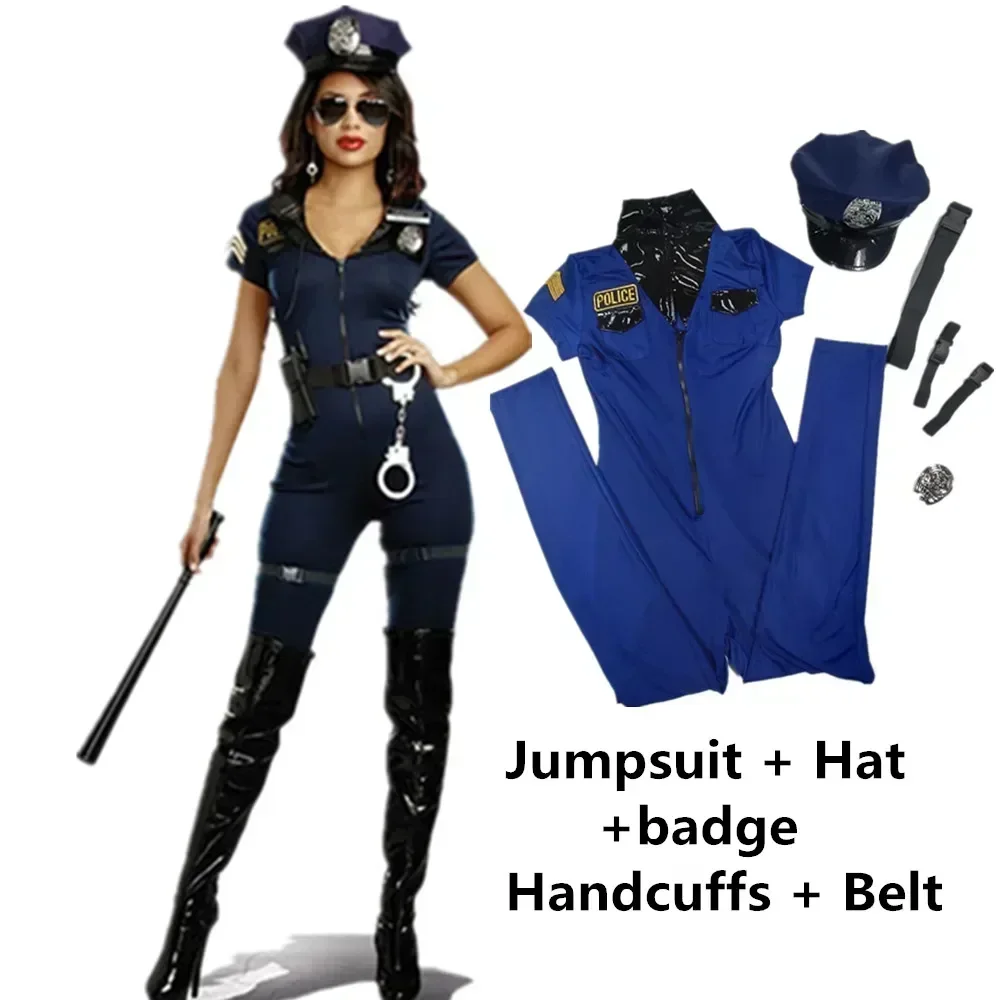 Adult Police Costume Women's Sexy Cop Officer Cosplay Uniform Halloween Carnival Party Policewomen Jumpsuit Fancy Dress