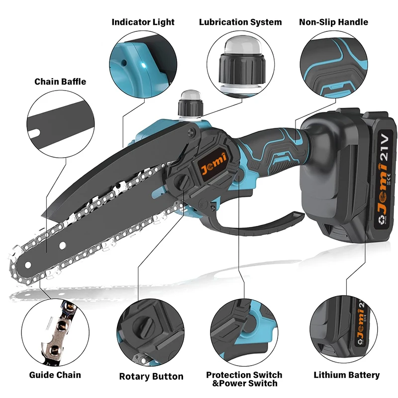 Jemi Tool 21V Portable Mini Electric Pruning Saw with Automatic Lubrication System, Cordless Chainsaw, Wood Cutting Tool 6