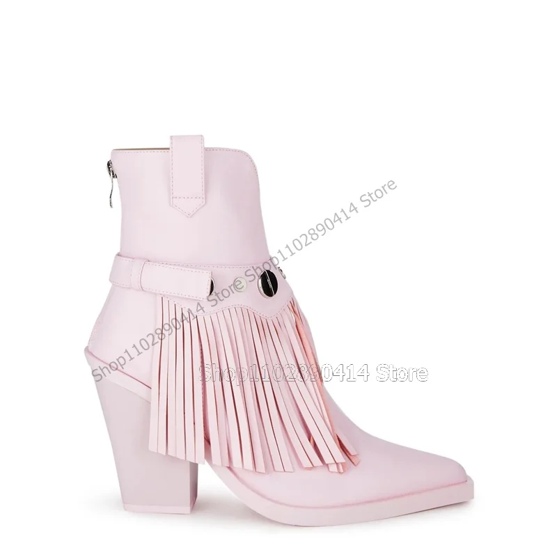 

Pink Black Tassels Metal Decor Pointy Toe Boots Back Zipper Women Shoes Strange Style Heels Sexy Runway 2023 Zapatos Para Mujere