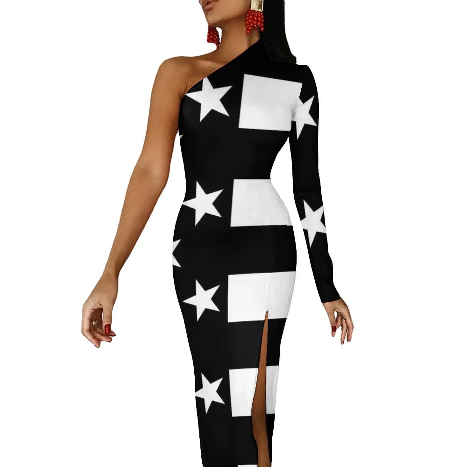 

Женское платье макси с длинным рукавом, черно-белое облегающее платье с американским флагом, Осеннее винтажное платье, женское платье с графическим принтом