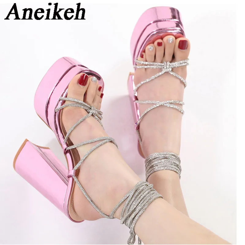 

Aneikeh 2024 Sexy Patent Leather Crystal Narrow Band Super High Heels Women's Square Toe Open Toe Thick Heel Sandals Party Club