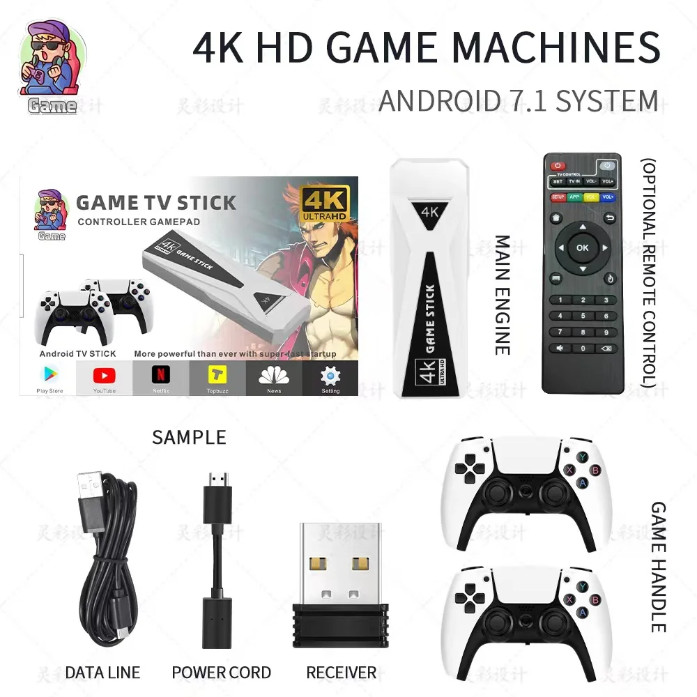 

powkiddy Y5 4K Video TV Game Stick Retro Video Game Console 2.4G Wireless Controller Linux Android System For PS1/GB