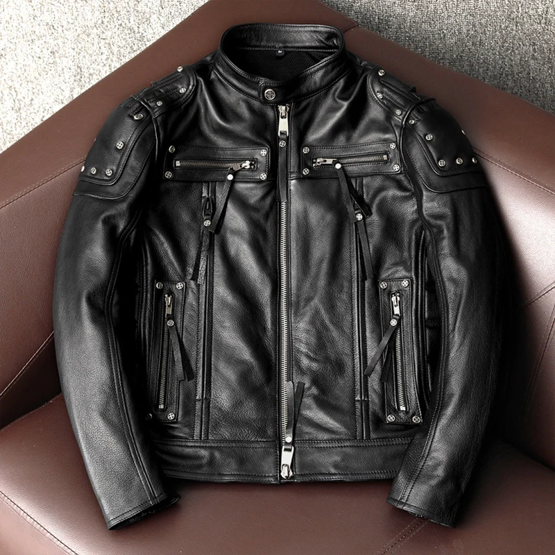 

Leather Jacket Men Can Add Protective Gear Rivets Trendy Jackets Pure Top Layer Cowhide Genuine Leather Motorcycle Clothing