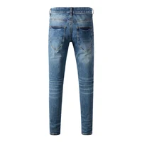 Street Fashion Men Jeans Retro Washed Blue Stretch Skinny Ripped Jeans Men Yellow Leather Patched Designer Hip Hop Brand Pants 2