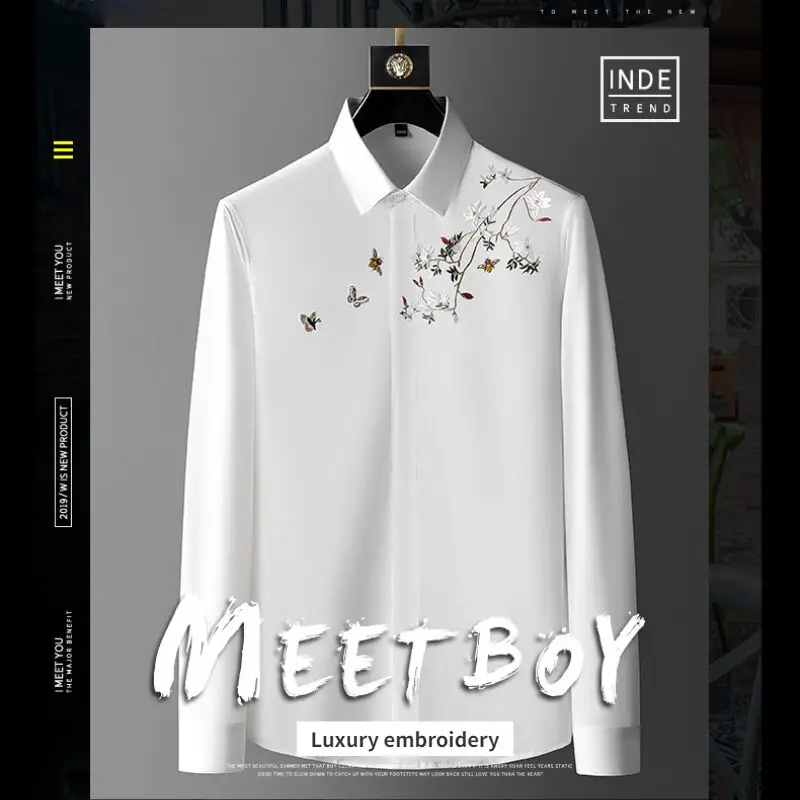 Mens Dress Shirt Flower And Bird Embroidered Luxury Men's Long Sleeve Spring And Autumn Slim Fit Anti Wrinkle Trend Evening Dress Top
