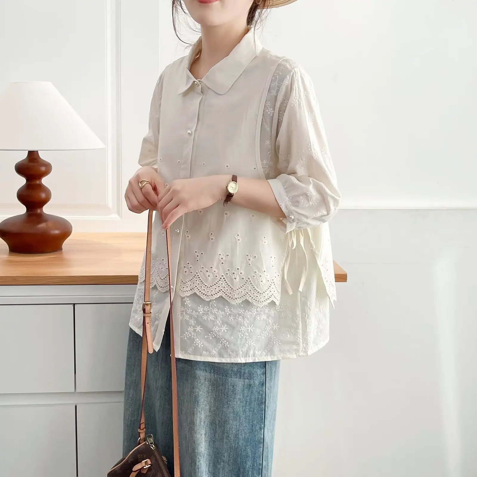 Fashion Plus Size Women's Blouses Autumn New mid-length three-quarter Sleeve Embroidered Cotton Fake two-piece Shirt 8311