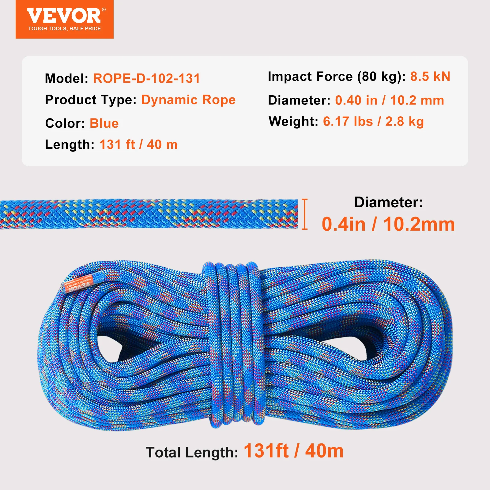 VEVOR 10.2mm 131/164/197/230ft Outdoor Rock Climbing Rope 25KN Breaking Tension Stretchable Fiber Rope with Steel Snap Hooks