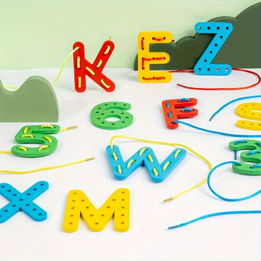 Letter and number threading games, intellectual wooden toys, exercise hand-eye coordination, suitable for birthday back-to-schoo