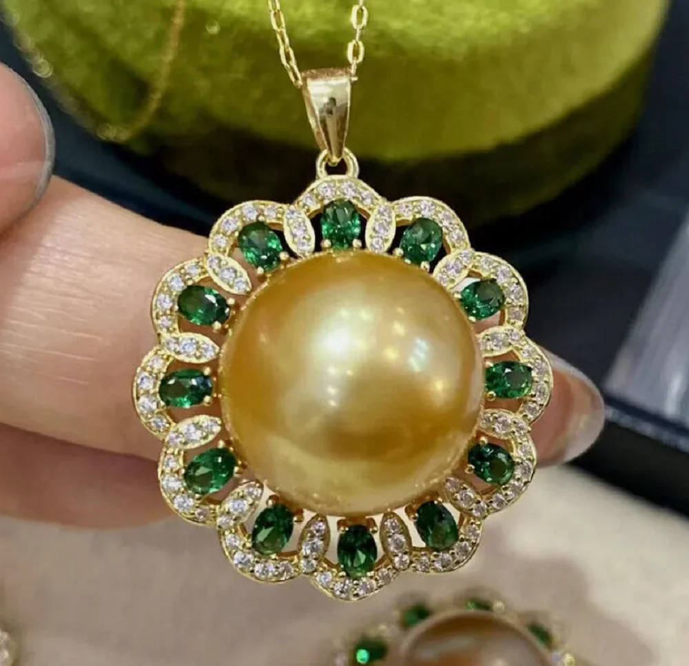 

Gorgeous AAAAA 12-13mm South China Sea Gold Pearl Pendant Necklace 925S 10-11mm 11-12mm 9-10mm