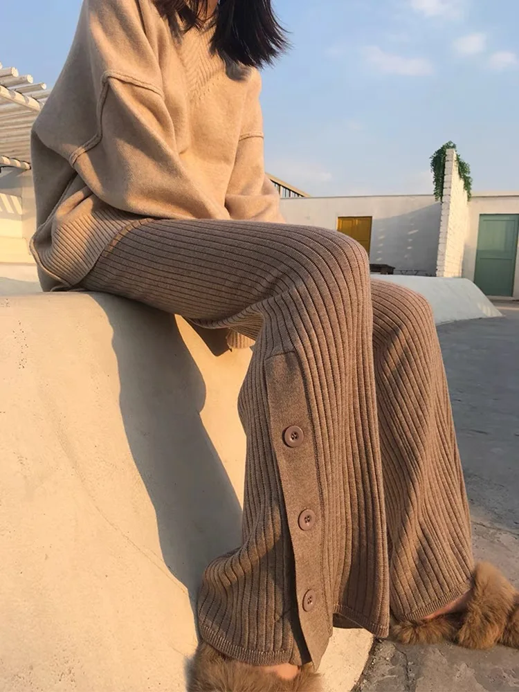 2024 Spring Japanese Style Maternity Woolen Trousers Side Split Button Fly Pregnant Woman Straight Pants Pregnancy Knitted Pants 2