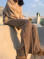 2024 Spring Japanese Style Maternity Woolen Trousers Side Split Button Fly Pregnant Woman Straight Pants Pregnancy Knitted Pants 2