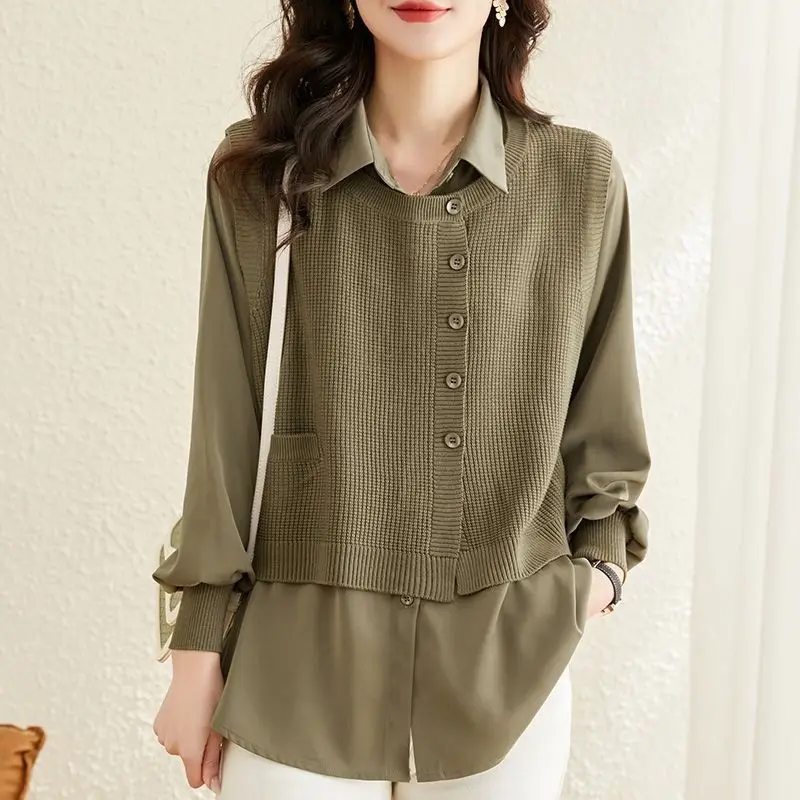 Spring and Autumn Women\'s Polo Neck Solid Button Spliced Sweater Knitted Long Sleeve Shirt Fashion Elegant Casual Commuter Tops