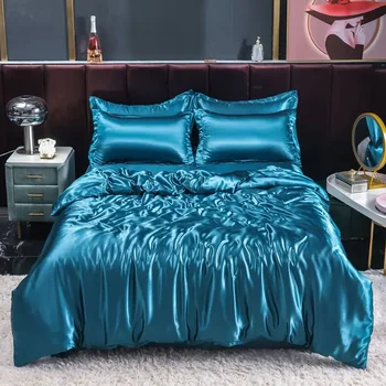 Parure de lit nordique en Satin de soie, avec housse de couette, drap et taies d'oreiller, de luxe, solide, simple, Double, pour Couple 1