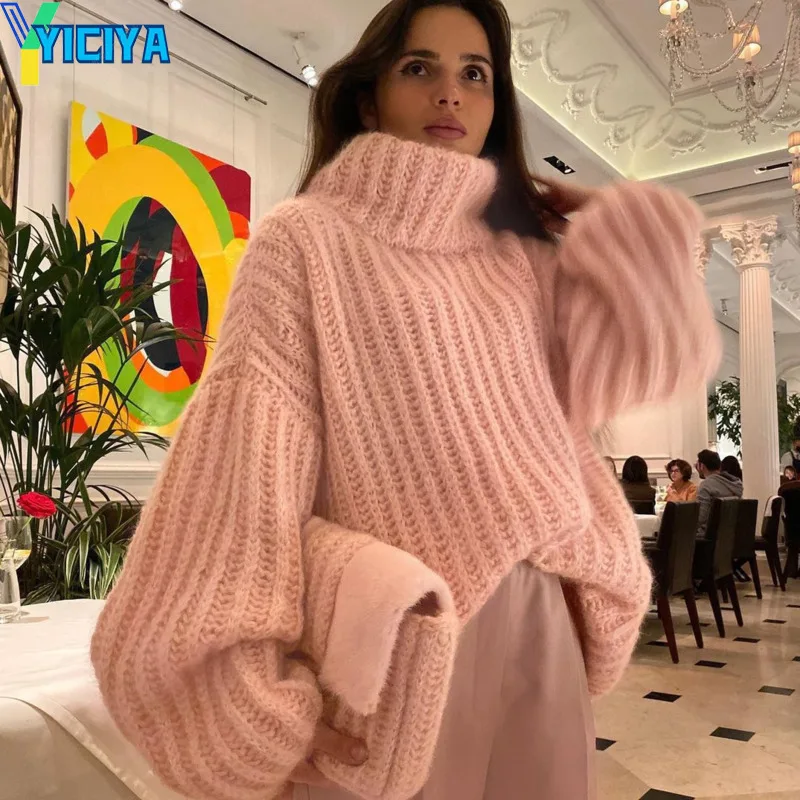 

Свитер YICIYA с высоким воротником, пуловер, утепленный корейский модный Женский вязаный пуловер оверсайз, новый наряд, вязаная одежда, зимняя одежда