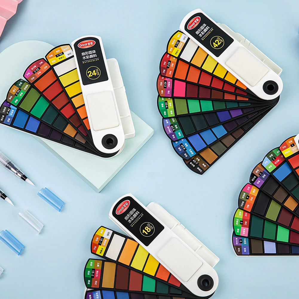 18/24/36/42 Solid Watercolor Pigment Set Foldable Travel WaterColor With Water Brush Pen Art Specific Fan Shaped Painting Tool
