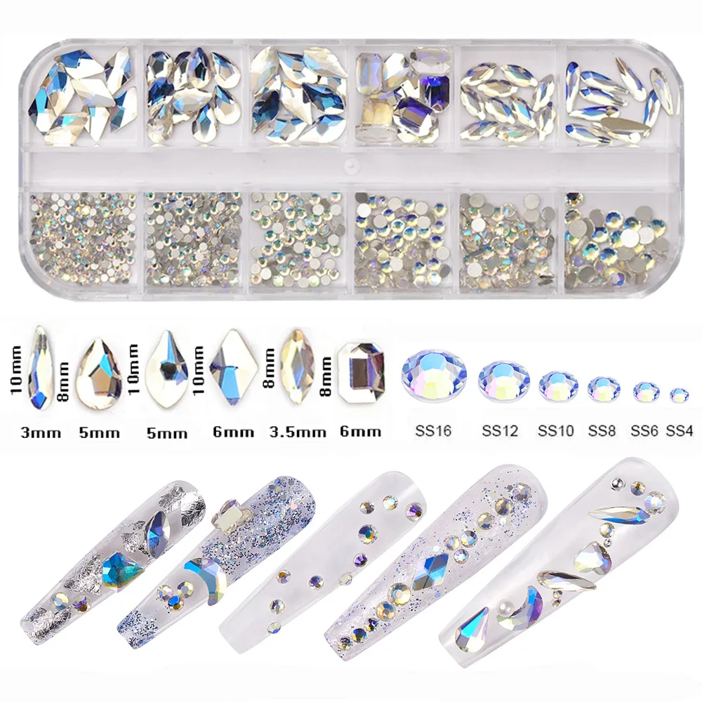 Description Picture 6 of item12Grids Round Rhinestones Mixed Shape Size Adhesive Nail Charms Flatback Crystals Jewelry Nail Decoration Glue On Glass Beads